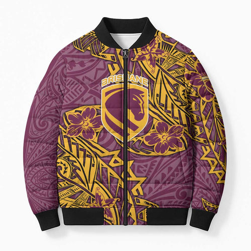 Personalised Brisbane Broncos Bomber Puffer Jacket Polynesian Tribal Pattern With Rugby Horse Mascot Art