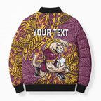 Personalised Brisbane Broncos Bomber Puffer Jacket Polynesian Tribal Pattern With Rugby Horse Mascot Art
