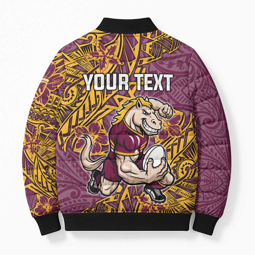 Personalised Brisbane Broncos Bomber Puffer Jacket Polynesian Tribal Pattern With Rugby Horse Mascot Art