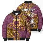 Personalised Brisbane Broncos Bomber Puffer Jacket Polynesian Tribal Pattern With Rugby Horse Mascot Art