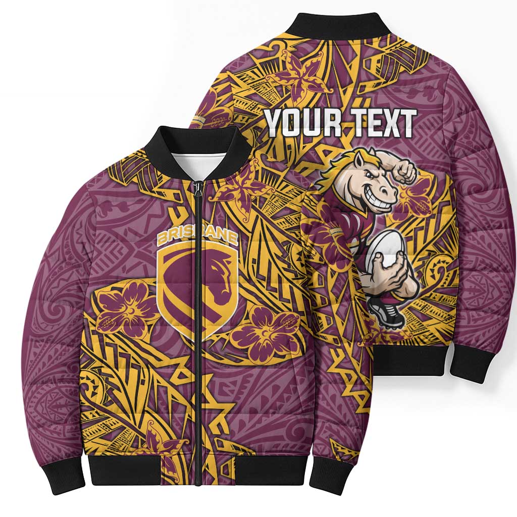 Personalised Brisbane Broncos Bomber Puffer Jacket Polynesian Tribal Pattern With Rugby Horse Mascot Art