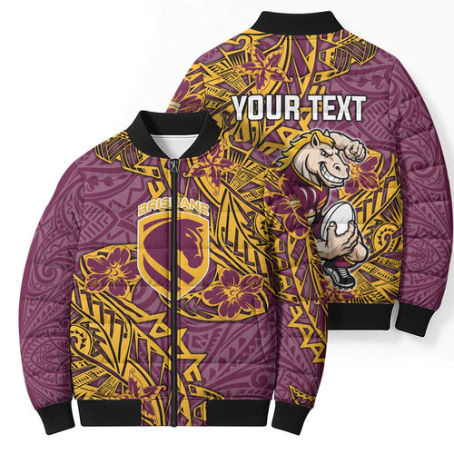 Personalised Brisbane Broncos Bomber Puffer Jacket Polynesian Tribal Pattern With Rugby Horse Mascot Art