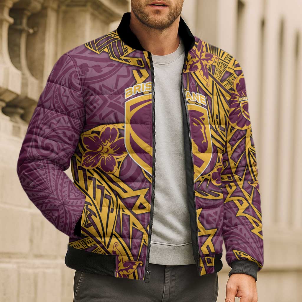 Personalised Brisbane Broncos Bomber Puffer Jacket Polynesian Tribal Pattern With Rugby Horse Mascot Art