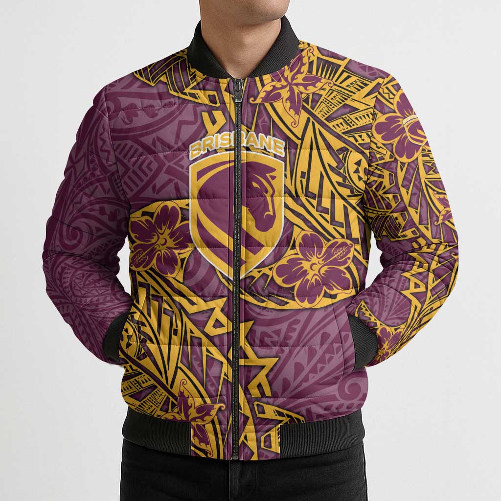 Personalised Brisbane Broncos Bomber Puffer Jacket Polynesian Tribal Pattern With Rugby Horse Mascot Art
