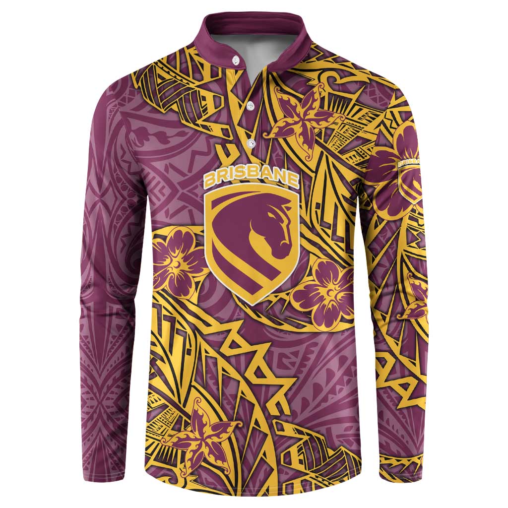 Personalised Brisbane Broncos Button Sweatshirt Polynesian Tribal Pattern With Rugby Horse Mascot Art