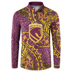 Personalised Brisbane Broncos Button Sweatshirt Polynesian Tribal Pattern With Rugby Horse Mascot Art