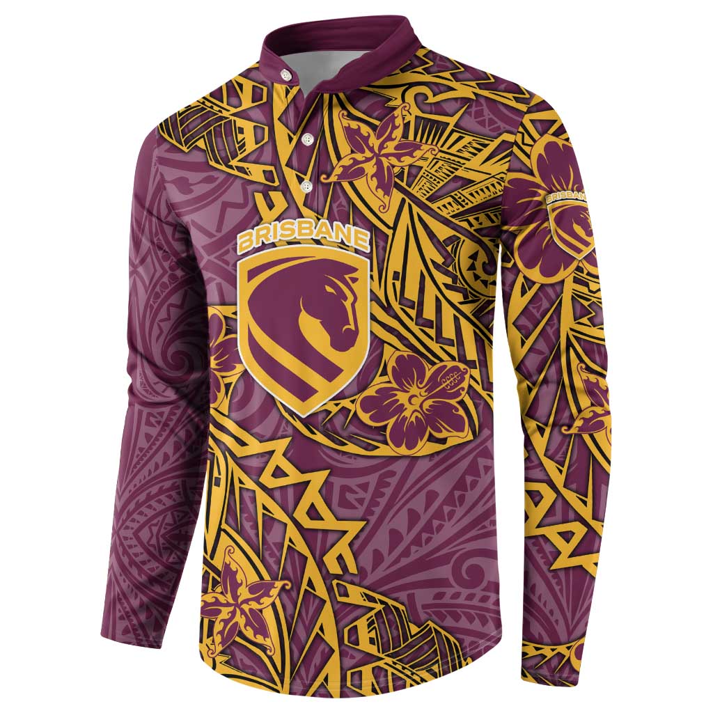 Personalised Brisbane Broncos Button Sweatshirt Polynesian Tribal Pattern With Rugby Horse Mascot Art