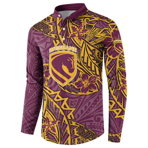 Personalised Brisbane Broncos Button Sweatshirt Polynesian Tribal Pattern With Rugby Horse Mascot Art