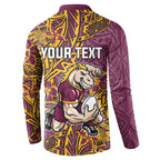Personalised Brisbane Broncos Button Sweatshirt Polynesian Tribal Pattern With Rugby Horse Mascot Art