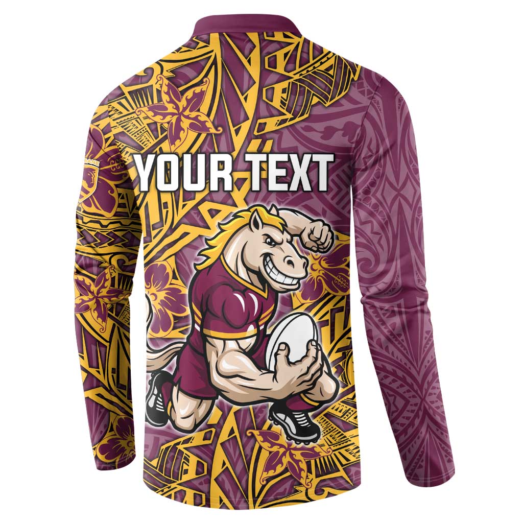 Personalised Brisbane Broncos Button Sweatshirt Polynesian Tribal Pattern With Rugby Horse Mascot Art