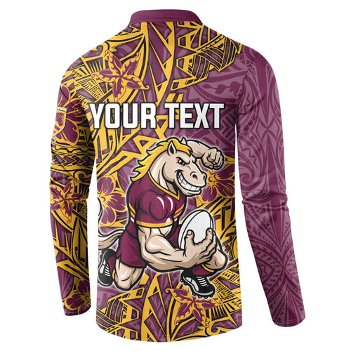Personalised Brisbane Broncos Button Sweatshirt Polynesian Tribal Pattern With Rugby Horse Mascot Art