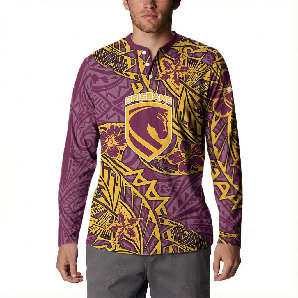 Personalised Brisbane Broncos Button Sweatshirt Polynesian Tribal Pattern With Rugby Horse Mascot Art