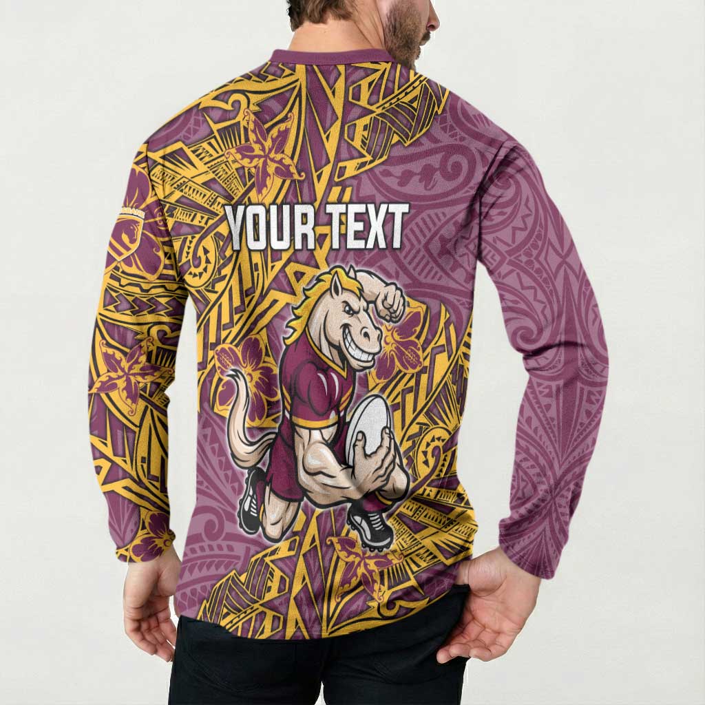 Personalised Brisbane Broncos Button Sweatshirt Polynesian Tribal Pattern With Rugby Horse Mascot Art