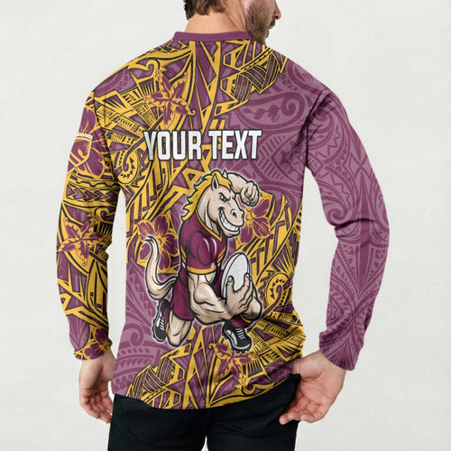 Personalised Brisbane Broncos Button Sweatshirt Polynesian Tribal Pattern With Rugby Horse Mascot Art