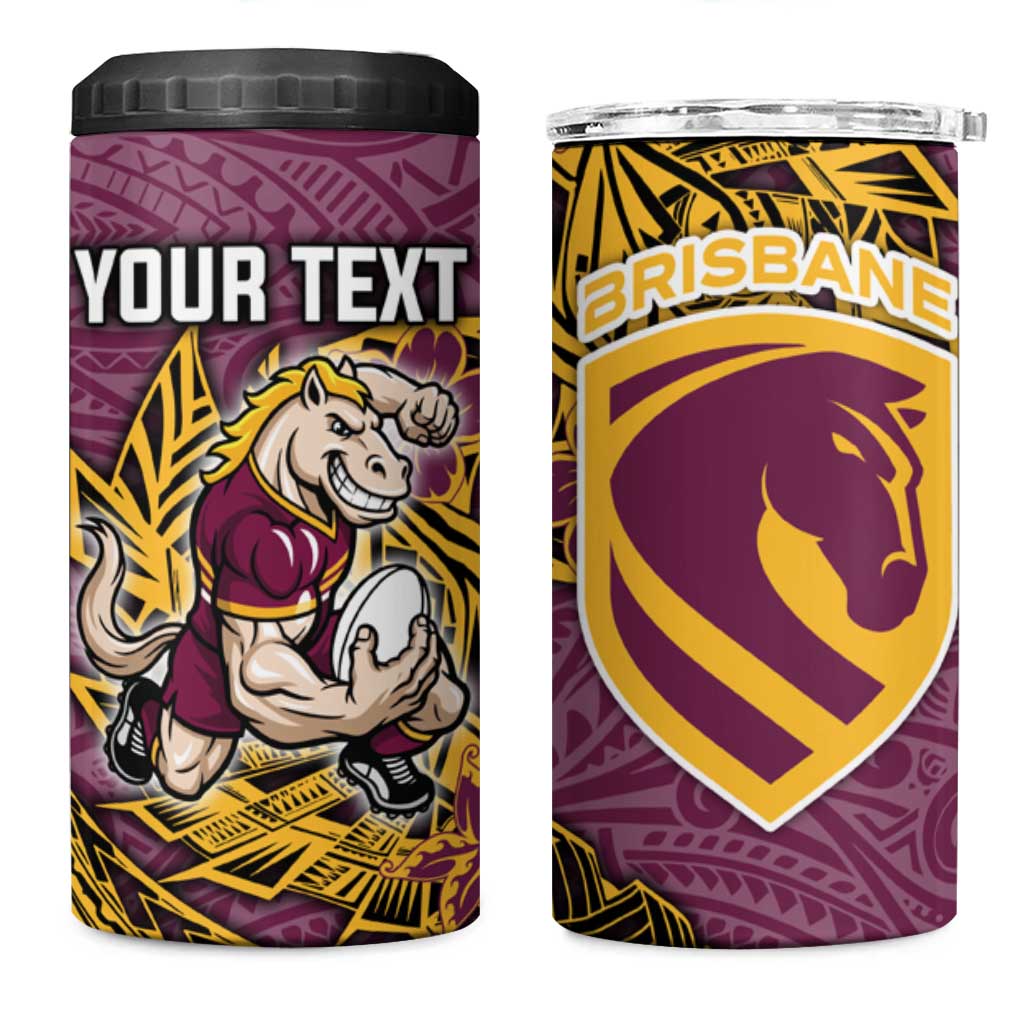 Personalised Brisbane Broncos 4 in 1 Can Cooler Tumbler Polynesian Tribal Pattern With Rugby Horse Mascot Art