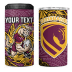 Personalised Brisbane Broncos 4 in 1 Can Cooler Tumbler Polynesian Tribal Pattern With Rugby Horse Mascot Art