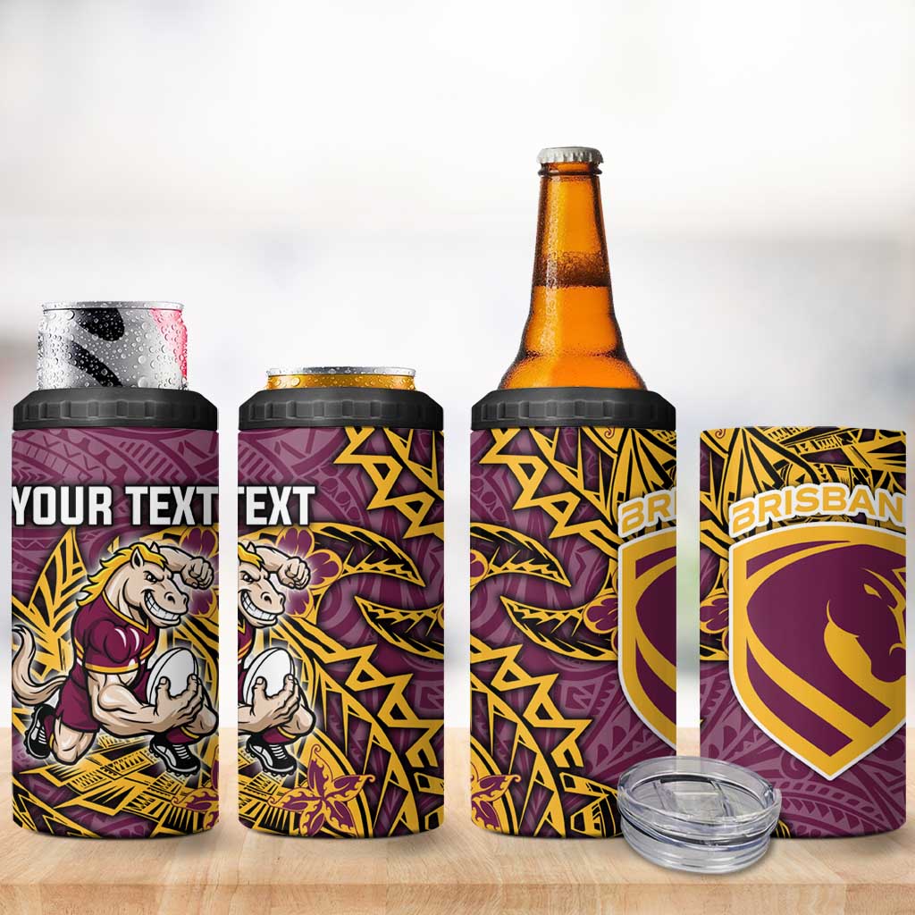 Personalised Brisbane Broncos 4 in 1 Can Cooler Tumbler Polynesian Tribal Pattern With Rugby Horse Mascot Art