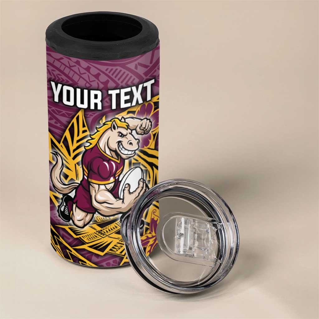 Personalised Brisbane Broncos 4 in 1 Can Cooler Tumbler Polynesian Tribal Pattern With Rugby Horse Mascot Art
