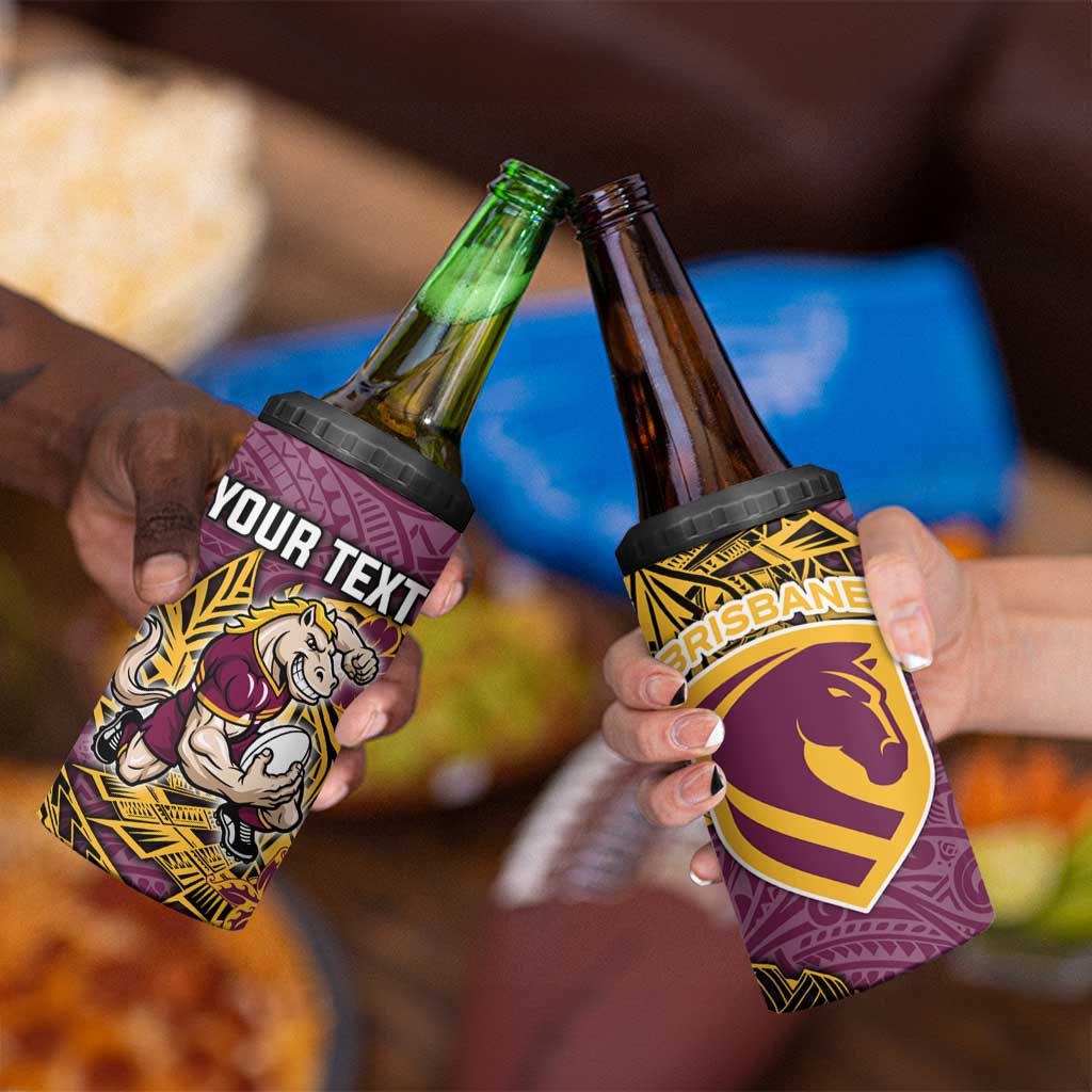 Personalised Brisbane Broncos 4 in 1 Can Cooler Tumbler Polynesian Tribal Pattern With Rugby Horse Mascot Art