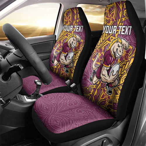 Personalised Brisbane Broncos Car Seat Cover Polynesian Tribal Pattern With Rugby Horse Mascot Art