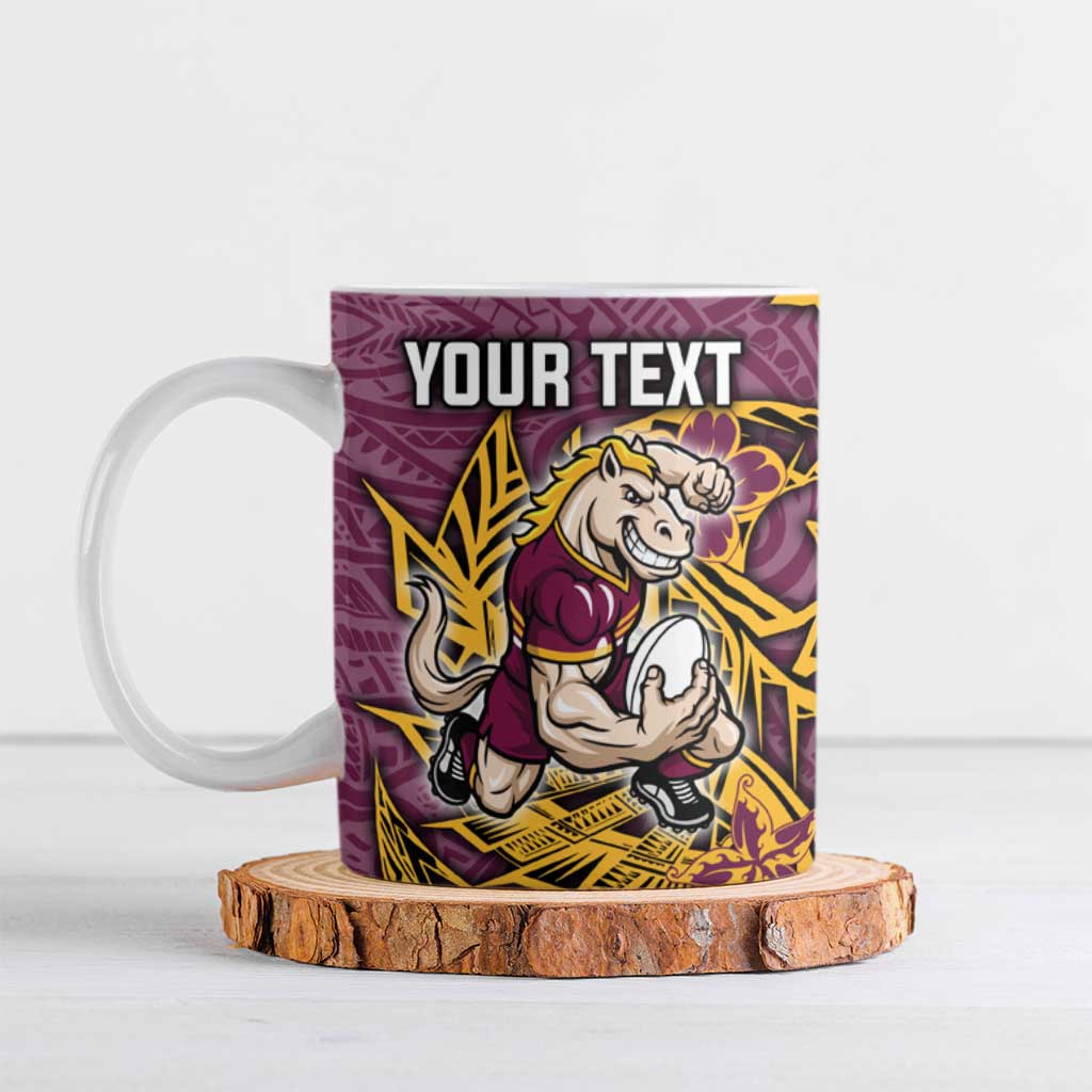 Personalised Brisbane Broncos Ceramic Mug Polynesian Tribal Pattern With Rugby Horse Mascot Art