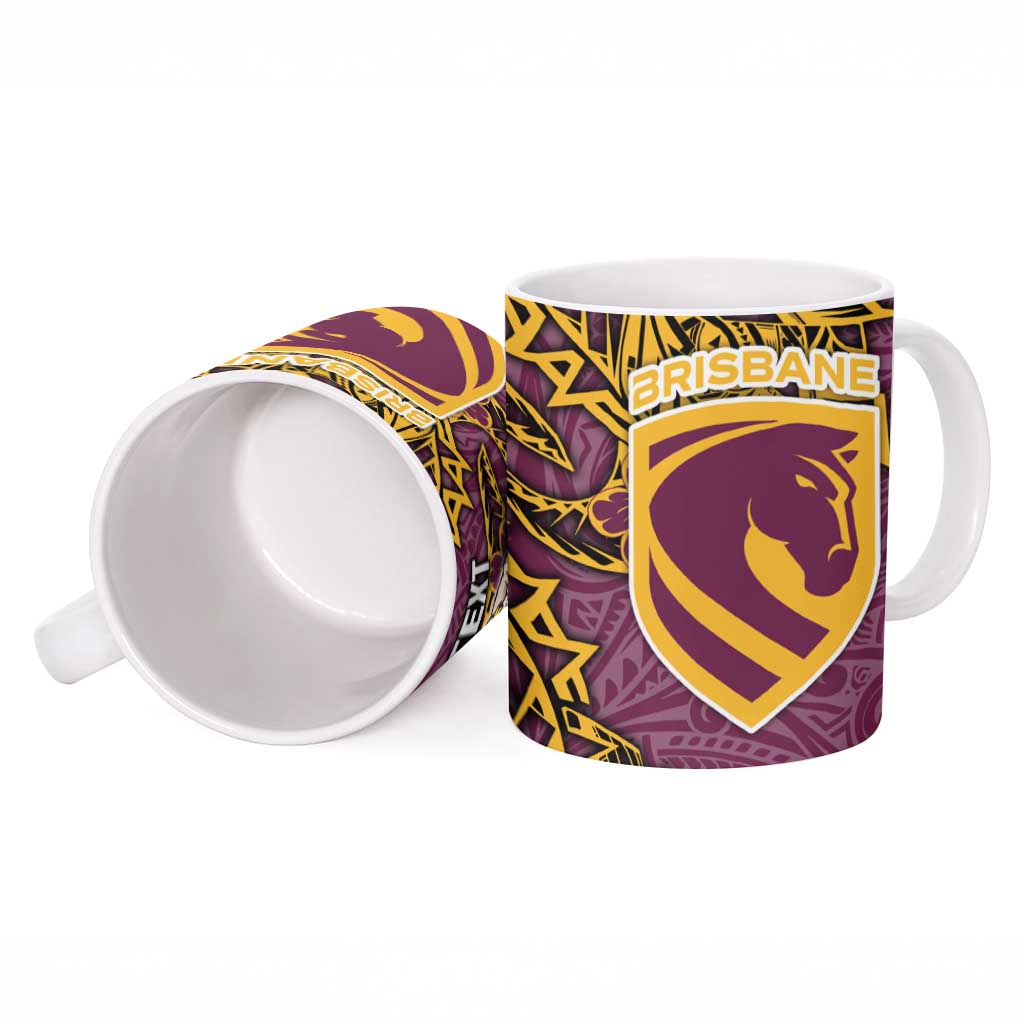 Personalised Brisbane Broncos Ceramic Mug Polynesian Tribal Pattern With Rugby Horse Mascot Art