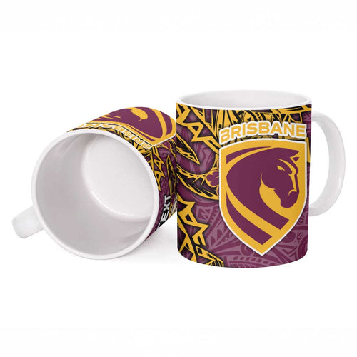Personalised Brisbane Broncos Ceramic Mug Polynesian Tribal Pattern With Rugby Horse Mascot Art