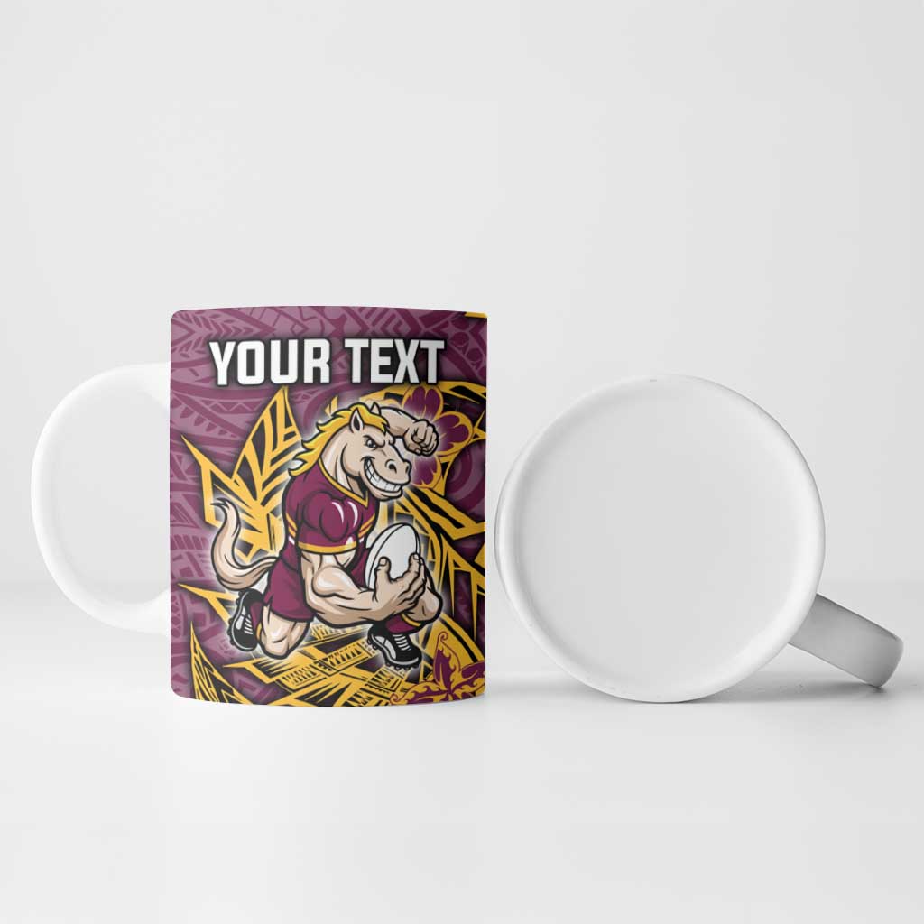 Personalised Brisbane Broncos Ceramic Mug Polynesian Tribal Pattern With Rugby Horse Mascot Art
