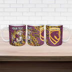 Personalised Brisbane Broncos Ceramic Mug Polynesian Tribal Pattern With Rugby Horse Mascot Art