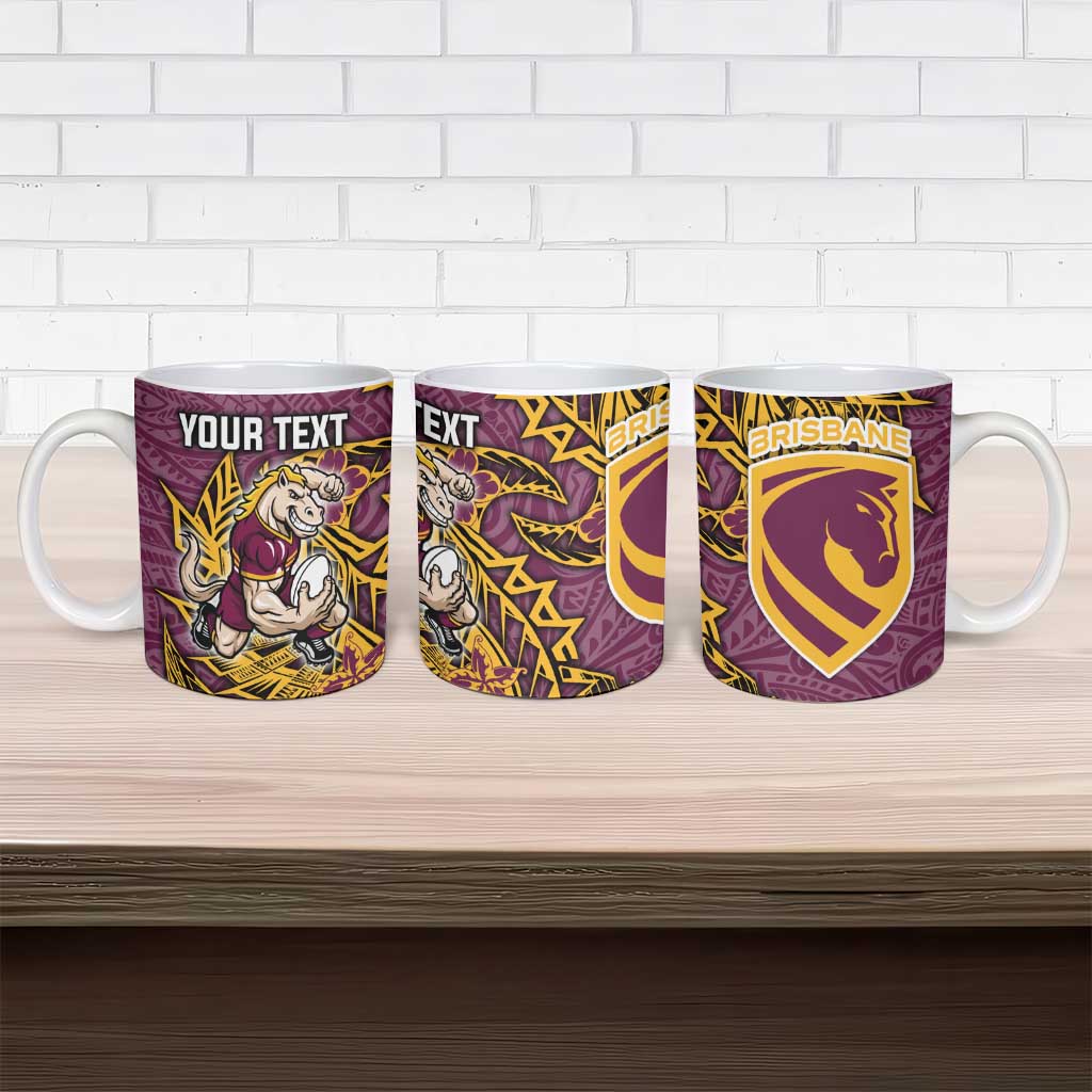 Personalised Brisbane Broncos Ceramic Mug Polynesian Tribal Pattern With Rugby Horse Mascot Art