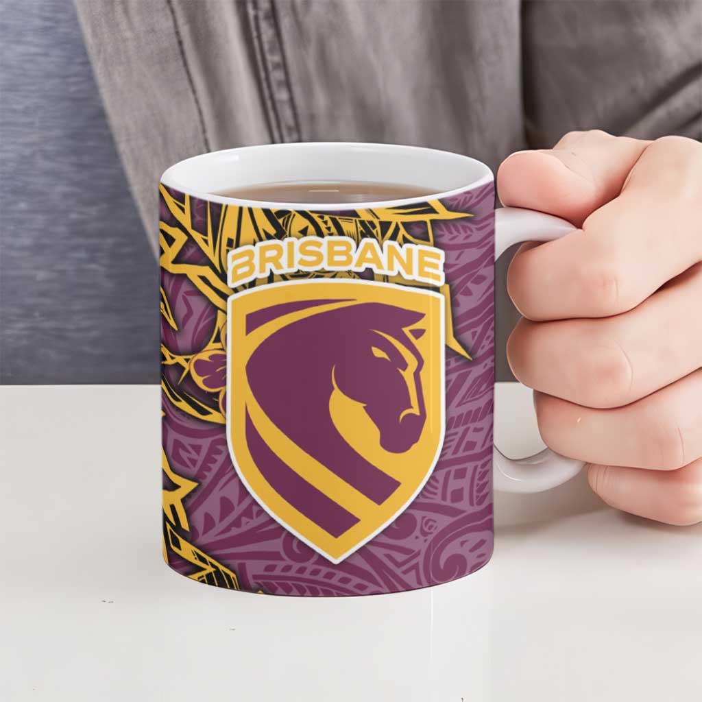 Personalised Brisbane Broncos Ceramic Mug Polynesian Tribal Pattern With Rugby Horse Mascot Art