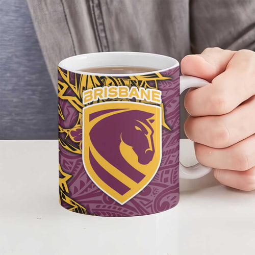 Personalised Brisbane Broncos Ceramic Mug Polynesian Tribal Pattern With Rugby Horse Mascot Art