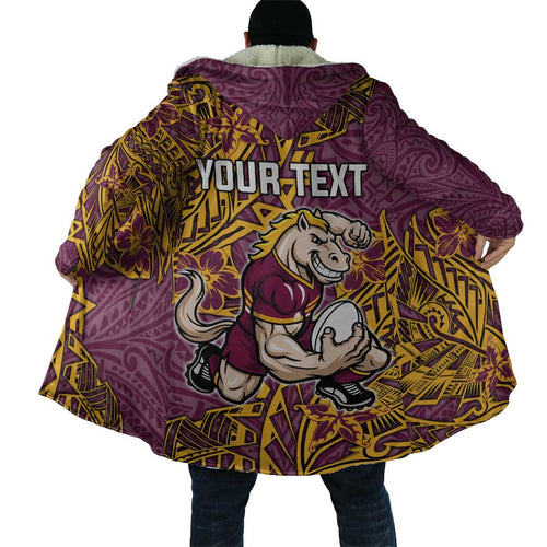 Personalised Brisbane Broncos Cloak Polynesian Tribal Pattern With Rugby Horse Mascot Art