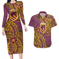 Personalised Brisbane Broncos Couples Matching Long Sleeve Bodycon Dress and Hawaiian Shirt Polynesian Tribal Pattern With Rugby Horse Mascot Art
