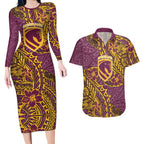 Personalised Brisbane Broncos Couples Matching Long Sleeve Bodycon Dress and Hawaiian Shirt Polynesian Tribal Pattern With Rugby Horse Mascot Art
