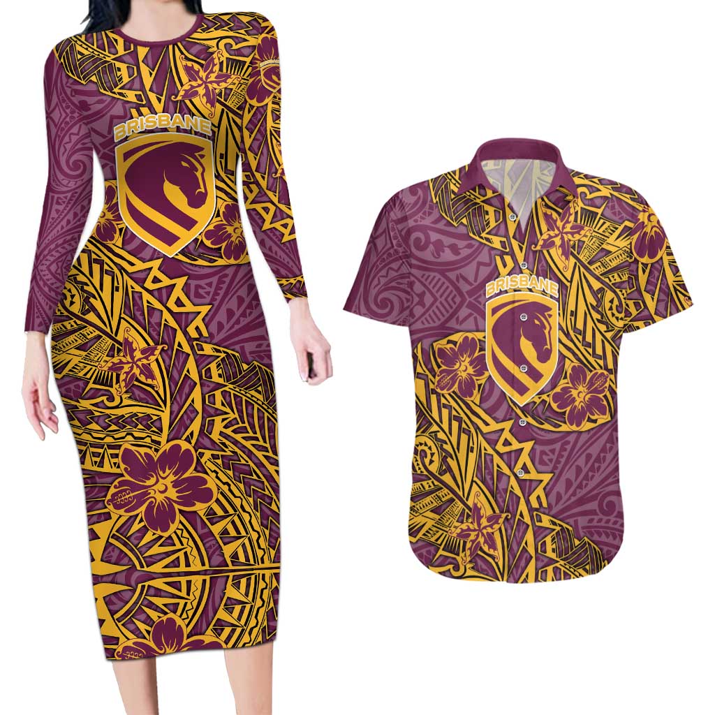 Personalised Brisbane Broncos Couples Matching Long Sleeve Bodycon Dress and Hawaiian Shirt Polynesian Tribal Pattern With Rugby Horse Mascot Art