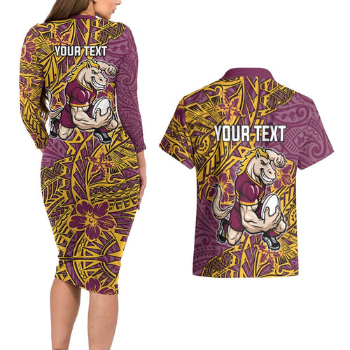 Personalised Brisbane Broncos Couples Matching Long Sleeve Bodycon Dress and Hawaiian Shirt Polynesian Tribal Pattern With Rugby Horse Mascot Art