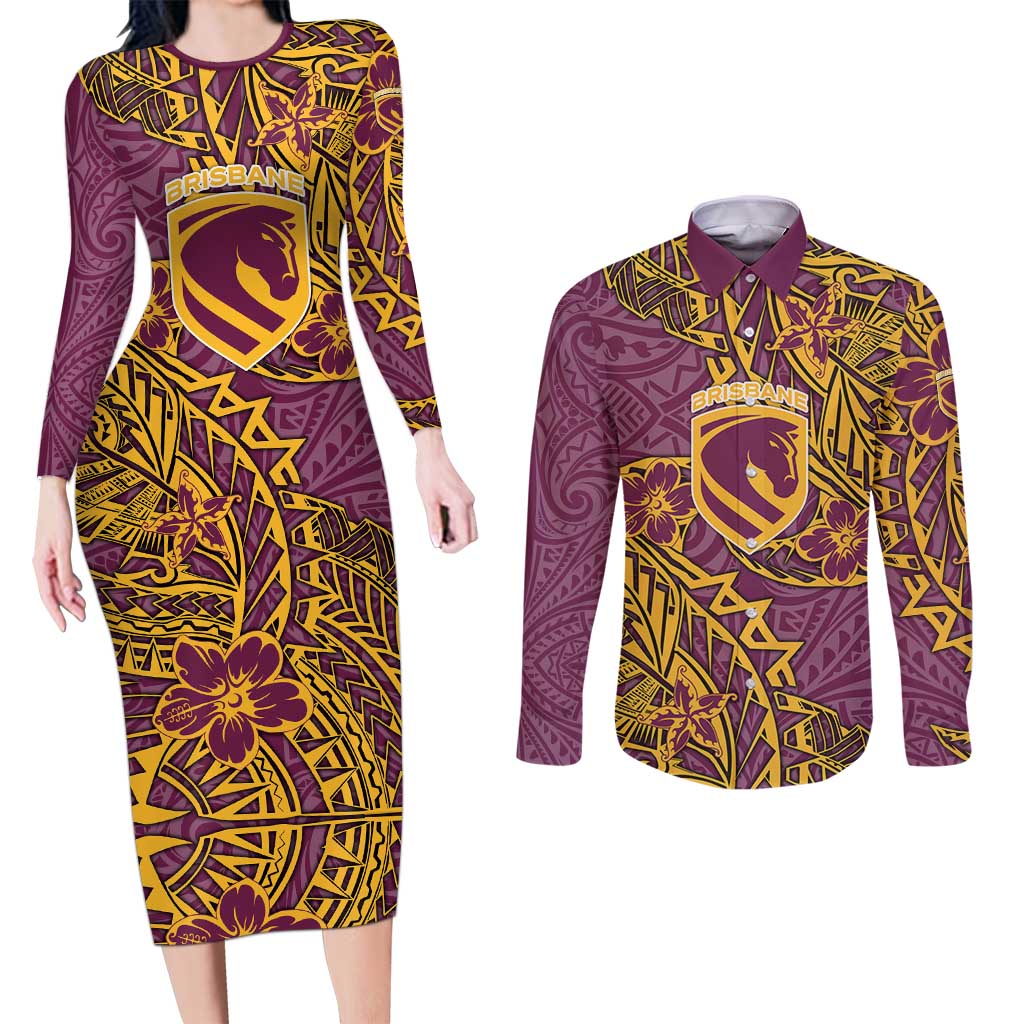 Personalised Brisbane Broncos Couples Matching Long Sleeve Bodycon Dress and Long Sleeve Button Shirt Polynesian Tribal Pattern With Rugby Horse Mascot Art