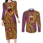 Personalised Brisbane Broncos Couples Matching Long Sleeve Bodycon Dress and Long Sleeve Button Shirt Polynesian Tribal Pattern With Rugby Horse Mascot Art