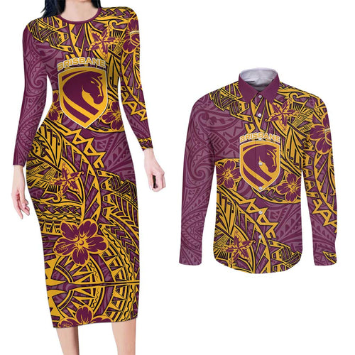 Personalised Brisbane Broncos Couples Matching Long Sleeve Bodycon Dress and Long Sleeve Button Shirt Polynesian Tribal Pattern With Rugby Horse Mascot Art