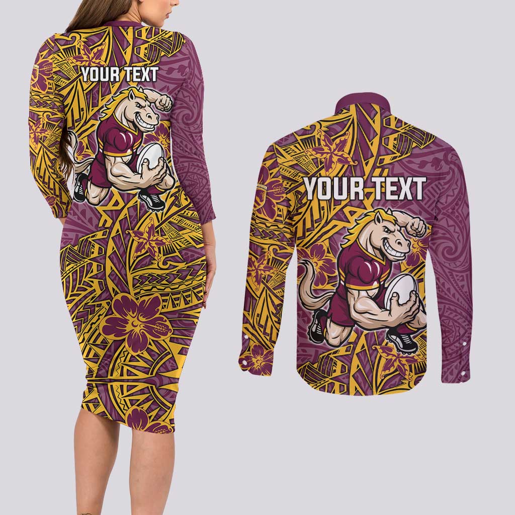 Personalised Brisbane Broncos Couples Matching Long Sleeve Bodycon Dress and Long Sleeve Button Shirt Polynesian Tribal Pattern With Rugby Horse Mascot Art