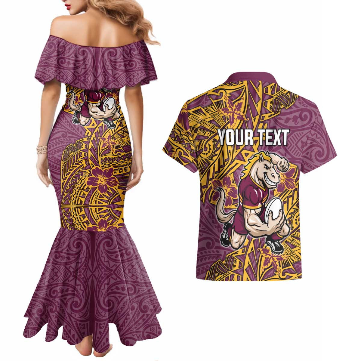 Personalised Brisbane Broncos Couples Matching Mermaid Dress and Hawaiian Shirt Polynesian Tribal Pattern With Rugby Horse Mascot Art