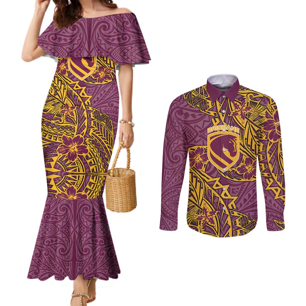 Personalised Brisbane Broncos Couples Matching Mermaid Dress and Long Sleeve Button Shirt Polynesian Tribal Pattern With Rugby Horse Mascot Art