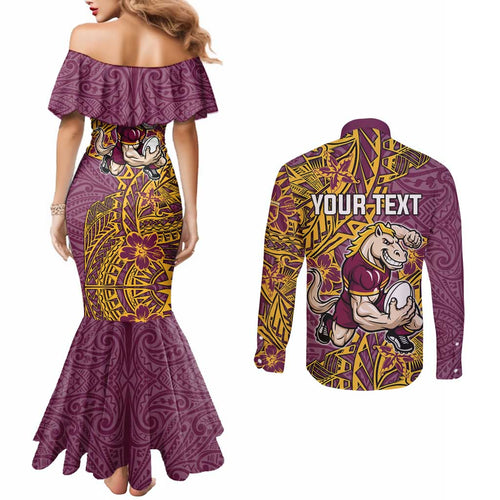Personalised Brisbane Broncos Couples Matching Mermaid Dress and Long Sleeve Button Shirt Polynesian Tribal Pattern With Rugby Horse Mascot Art