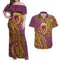 Personalised Brisbane Broncos Couples Matching Off Shoulder Maxi Dress and Hawaiian Shirt Polynesian Tribal Pattern With Rugby Horse Mascot Art