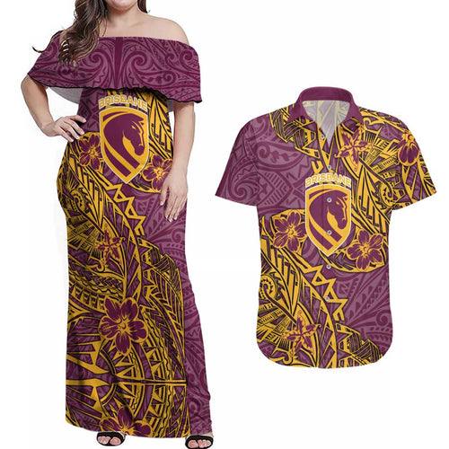 Personalised Brisbane Broncos Couples Matching Off Shoulder Maxi Dress and Hawaiian Shirt Polynesian Tribal Pattern With Rugby Horse Mascot Art