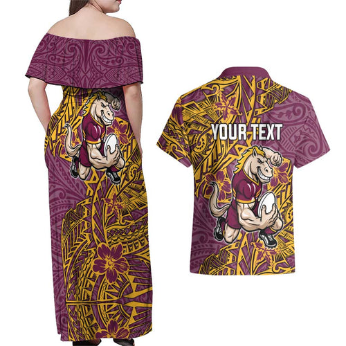 Personalised Brisbane Broncos Couples Matching Off Shoulder Maxi Dress and Hawaiian Shirt Polynesian Tribal Pattern With Rugby Horse Mascot Art