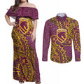 Personalised Brisbane Broncos Couples Matching Off Shoulder Maxi Dress and Long Sleeve Button Shirt Polynesian Tribal Pattern With Rugby Horse Mascot Art