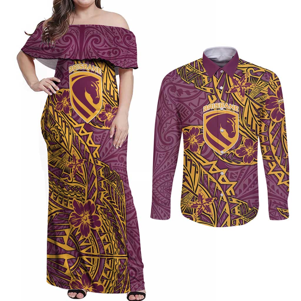 Personalised Brisbane Broncos Couples Matching Off Shoulder Maxi Dress and Long Sleeve Button Shirt Polynesian Tribal Pattern With Rugby Horse Mascot Art