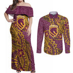 Personalised Brisbane Broncos Couples Matching Off Shoulder Maxi Dress and Long Sleeve Button Shirt Polynesian Tribal Pattern With Rugby Horse Mascot Art